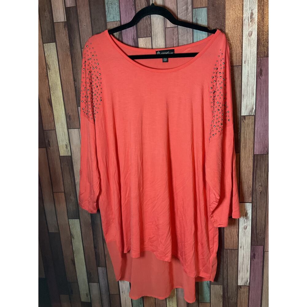 Signature Studio Coral 3/4 Studded Sheer Hem Top Women’s Plus Size 2X